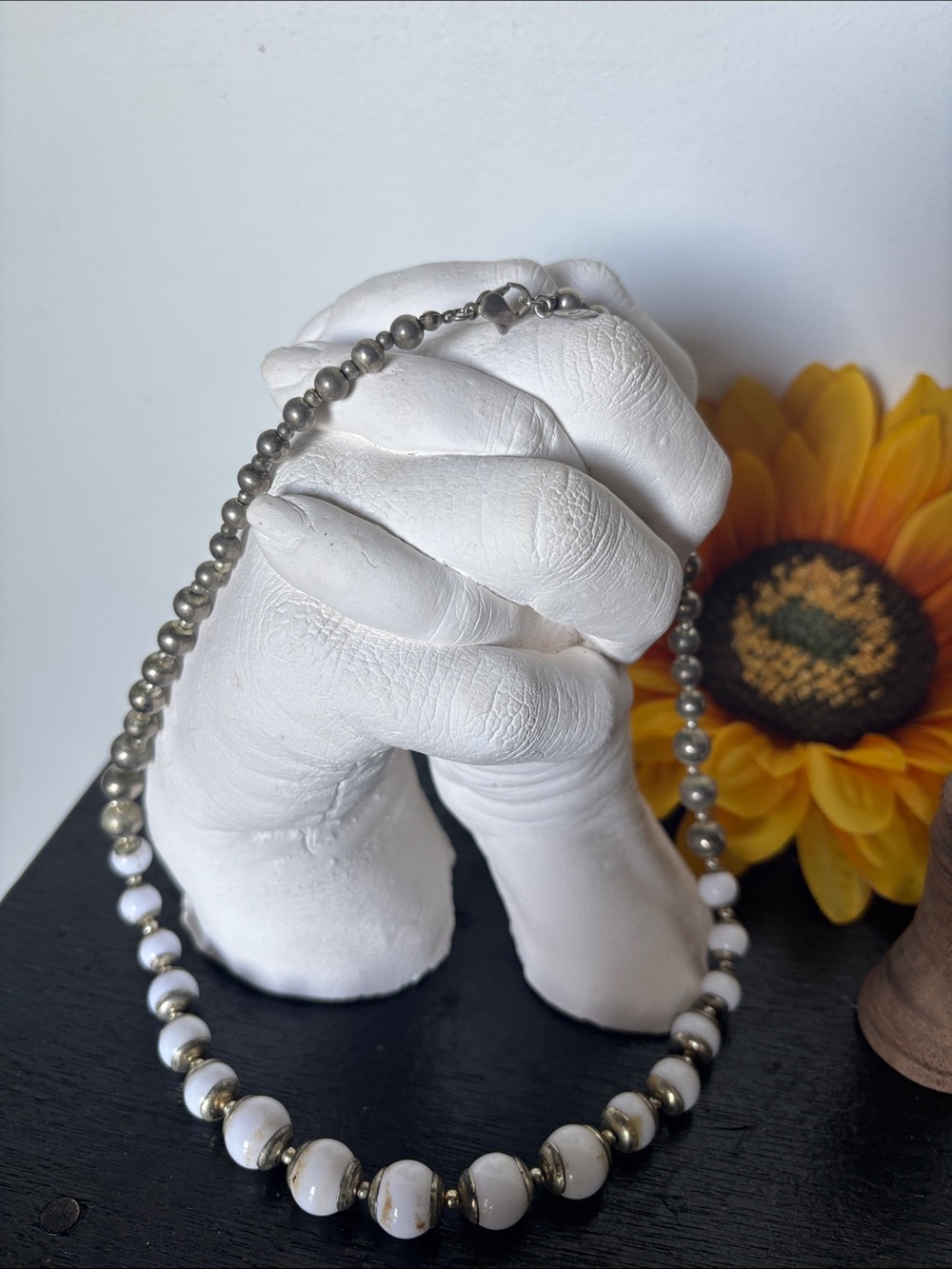 Vintage Liz Claiborne Necklace with White and Silver Patina Beads